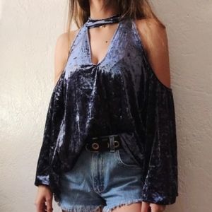 American Eagle blue velvet cold shoulder keyhole neck top XL
